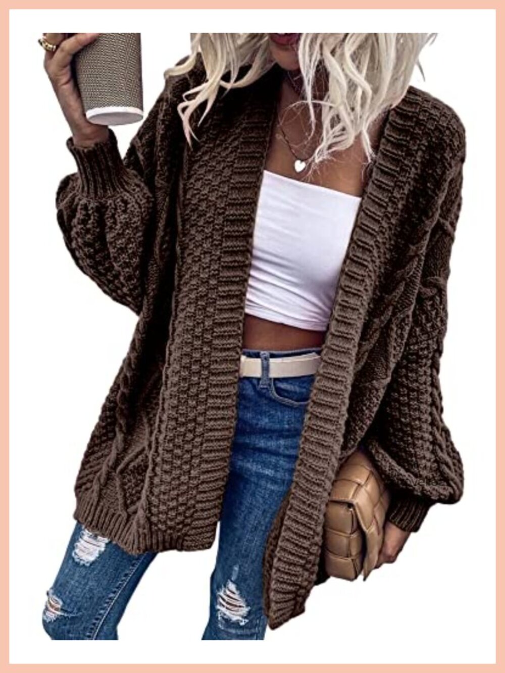 Oversized Cable Knit Lantern Sleeve Cardigan Sweater Women - Picture 4 of 5